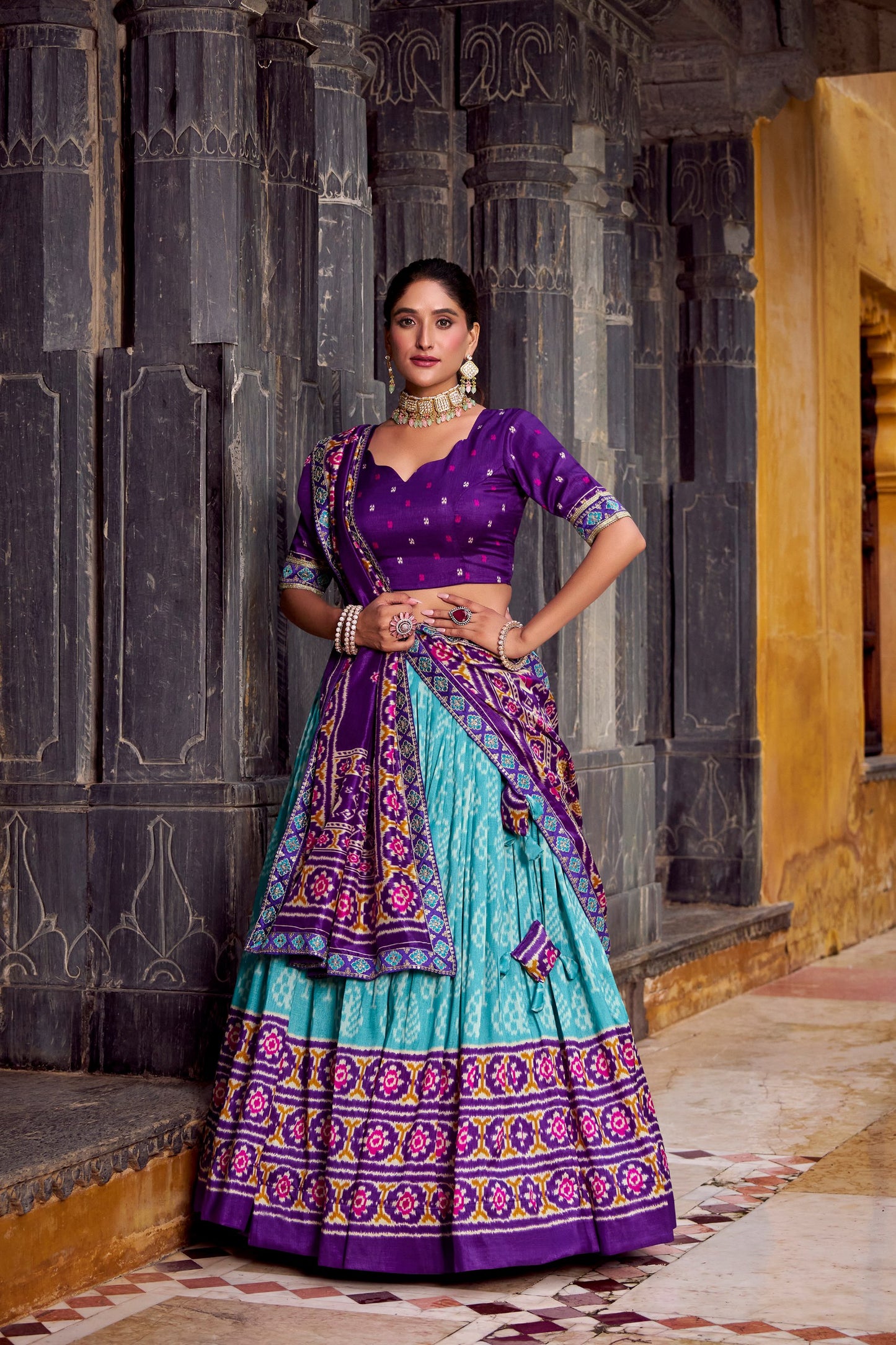 Sea Blue Tasar Silk Ikkat Print Sequins And Thread Embroidery Work Lehenga Choli