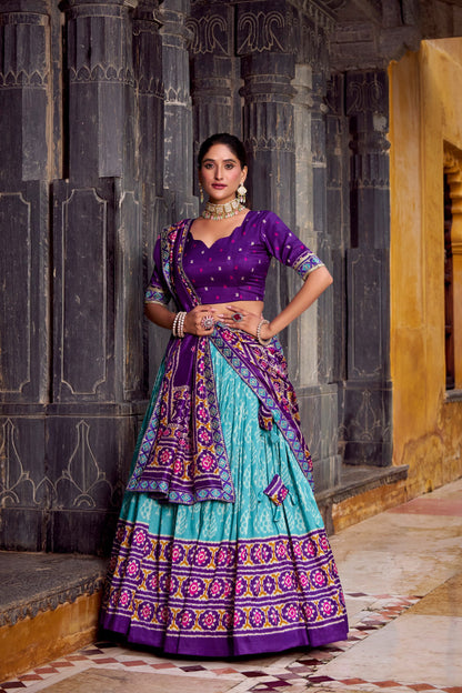 Sea Blue Tasar Silk Ikkat Print Sequins And Thread Embroidery Work Lehenga Choli