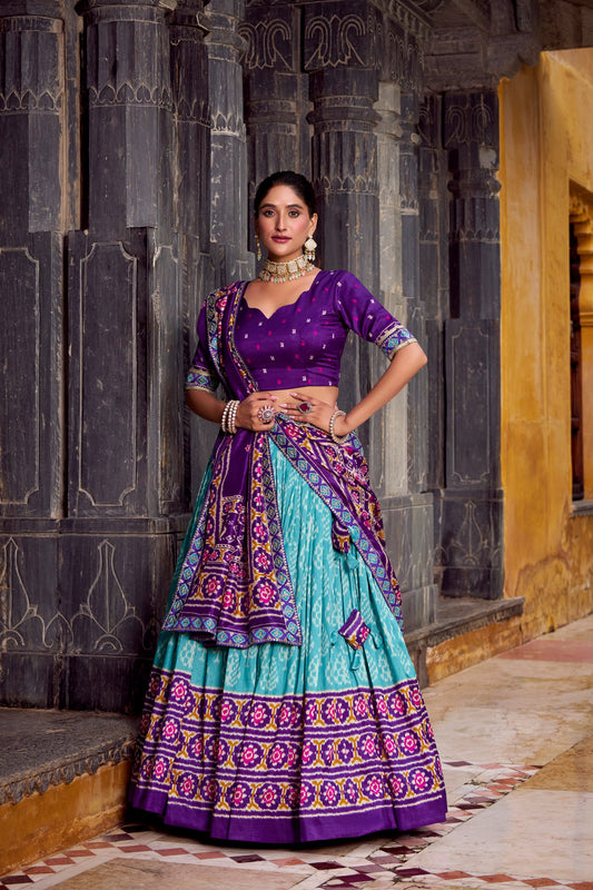 Sea Blue Tasar Silk Ikkat Print Sequins And Thread Embroidery Work Lehenga Choli