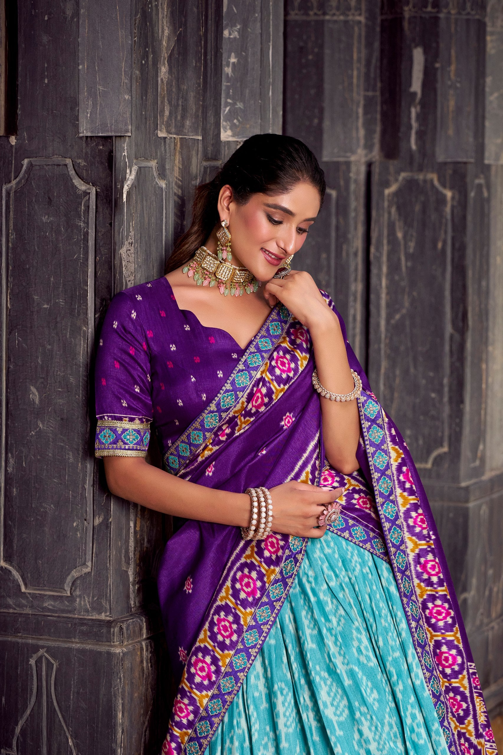 Sea Blue Tasar Silk Ikkat Print Sequins And Thread Embroidery Work Lehenga Choli