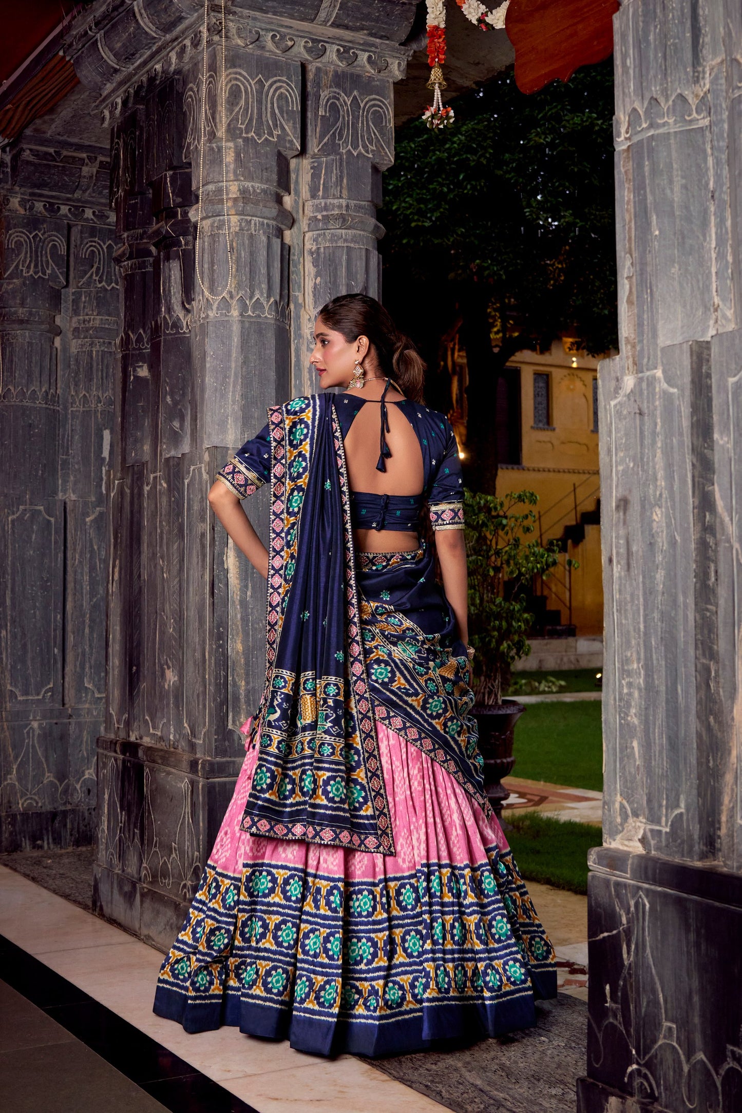 Light Pink Tasar Silk Ikkat Print Sequins And Thread Embroidery Work Lehenga Choli