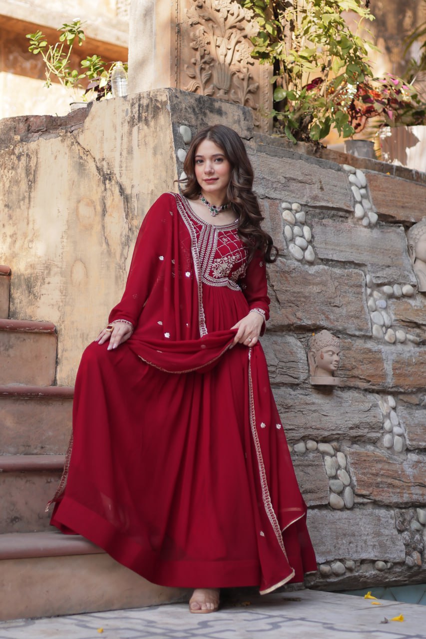Maroon Faux Blooming With Sequins Multi Zari Embroidered Work Gown
