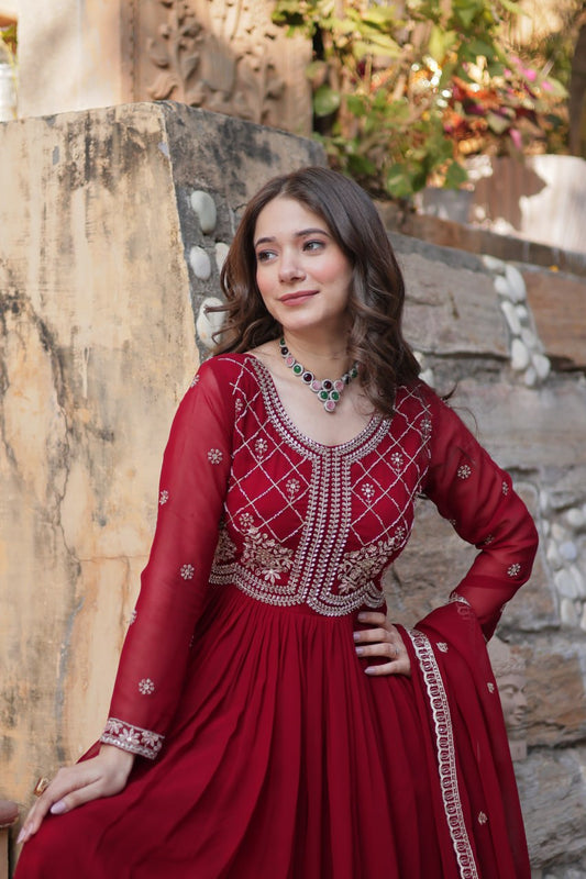 Maroon Faux Blooming With Sequins Multi Zari Embroidered Work Gown