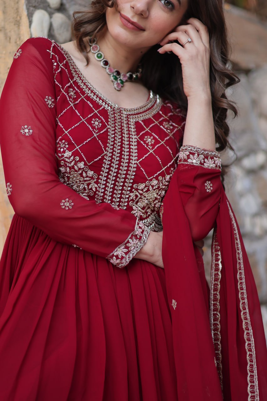 Maroon Faux Blooming With Sequins Multi Zari Embroidered Work Gown