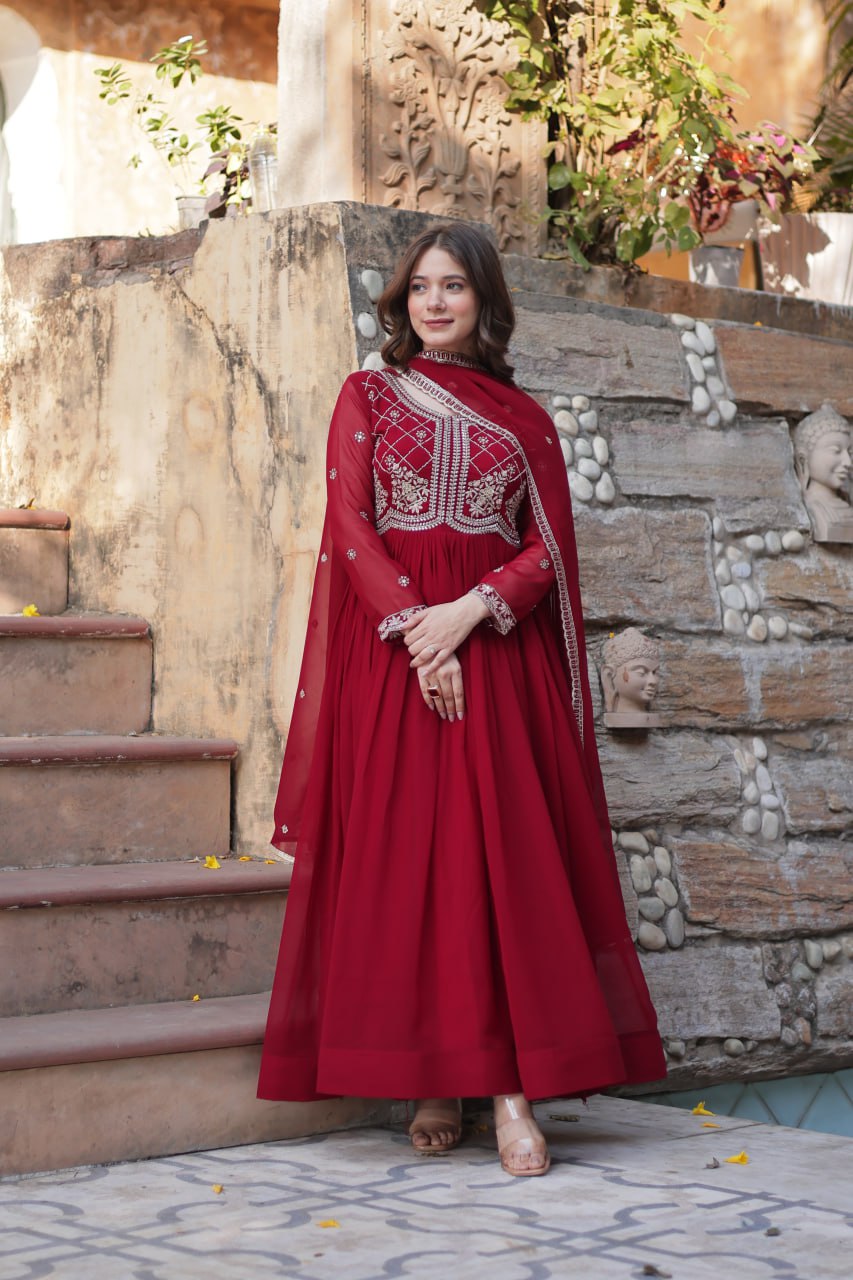 Maroon Faux Blooming With Sequins Multi Zari Embroidered Work Gown