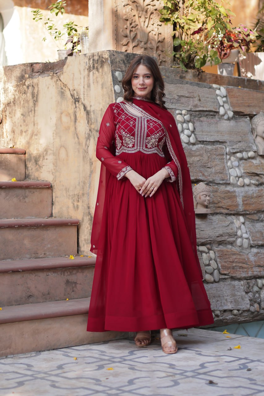 Maroon Faux Blooming With Sequins Multi Zari Embroidered Work Gown