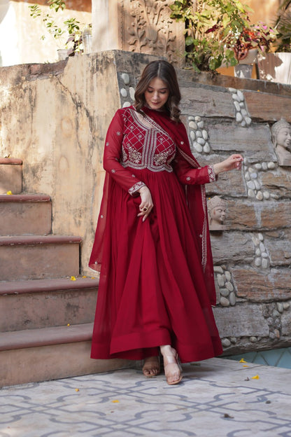 Maroon Faux Blooming With Sequins Multi Zari Embroidered Work Gown