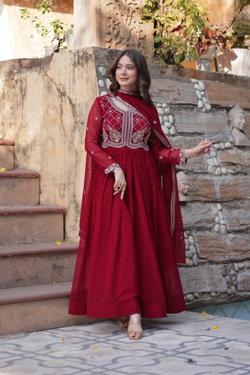 Maroon Faux Blooming With Sequins Multi Zari Embroidered Work Gown