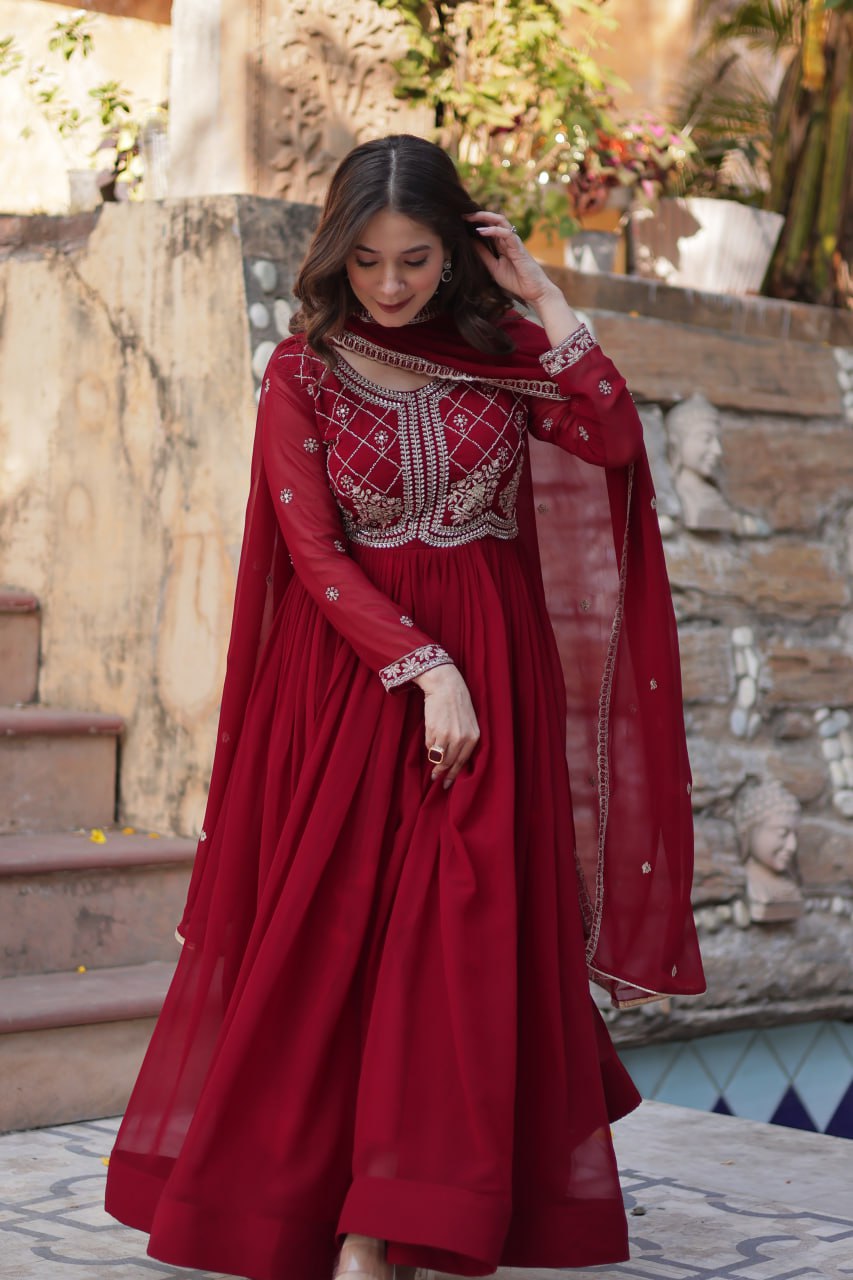 Maroon Faux Blooming With Sequins Multi Zari Embroidered Work Gown
