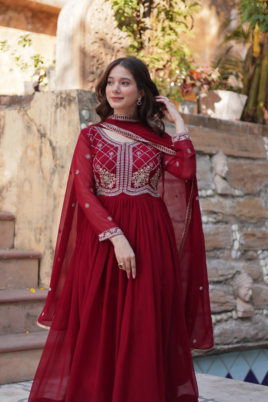 Maroon Faux Blooming With Sequins Multi Zari Embroidered Work Gown