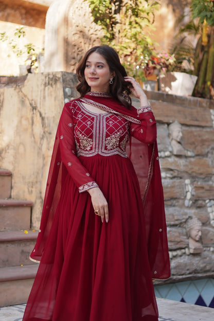 Maroon Faux Blooming With Sequins Multi Zari Embroidered Work Gown