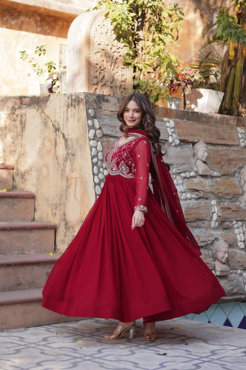 Maroon Faux Blooming With Sequins Multi Zari Embroidered Work Gown