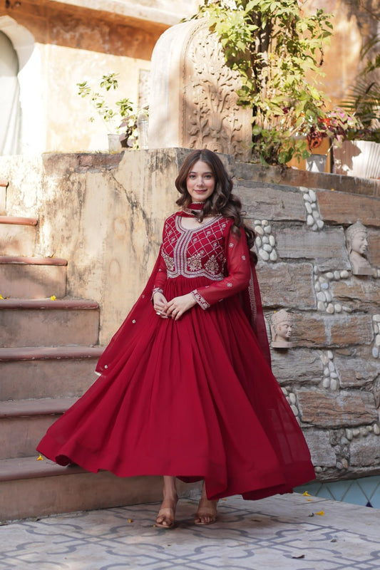 Maroon Faux Blooming With Sequins Multi Zari Embroidered Work Gown