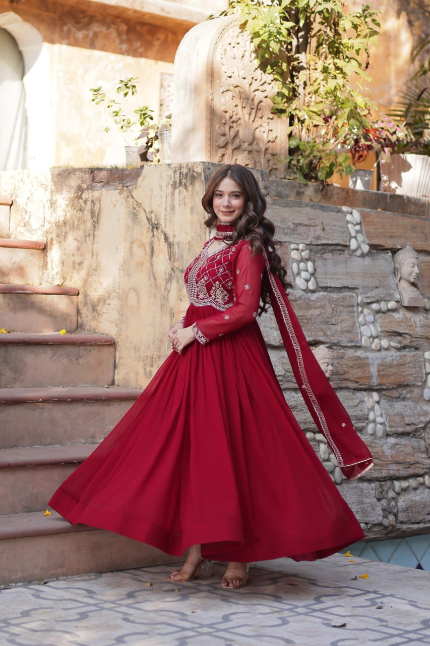 Maroon Faux Blooming With Sequins Multi Zari Embroidered Work Gown