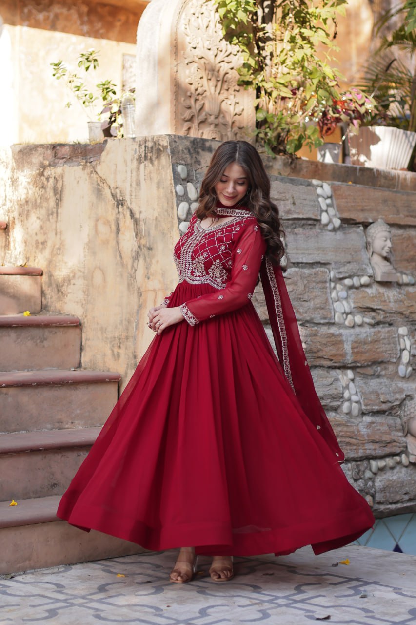 Maroon Faux Blooming With Sequins Multi Zari Embroidered Work Gown