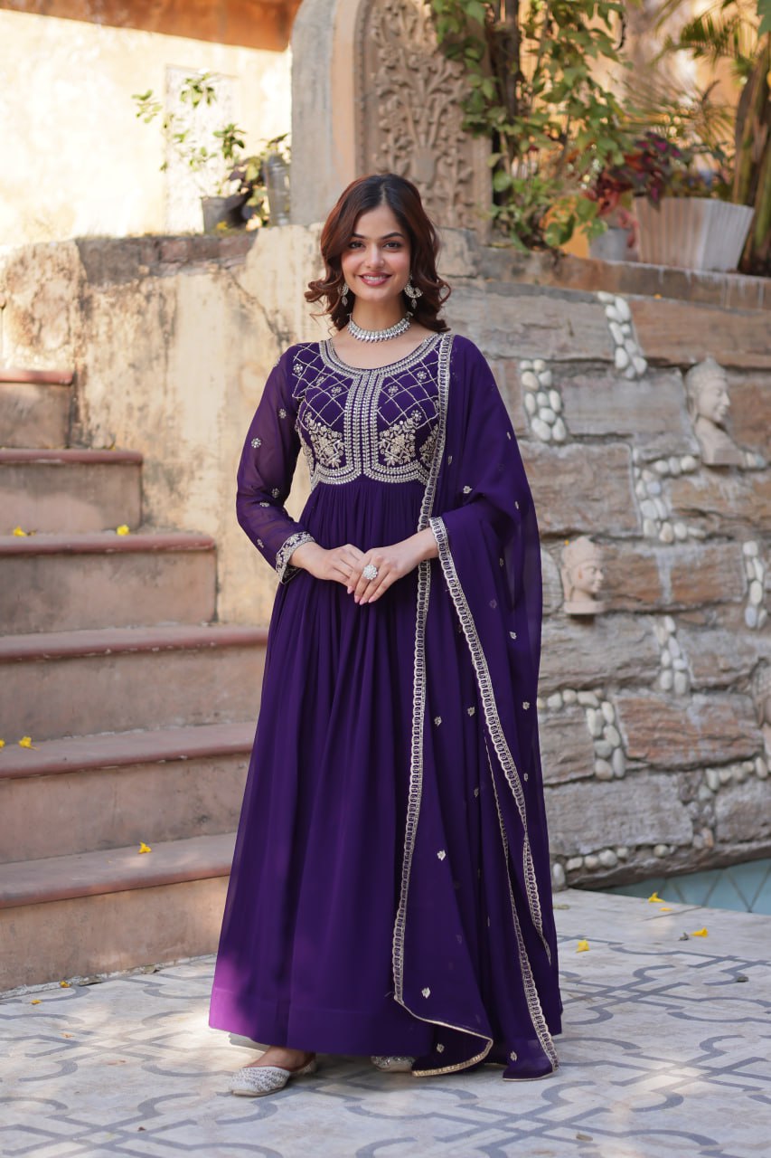Purple Faux Blooming With Sequins Multi Zari Embroidered Work Gown