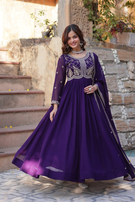 Purple Faux Blooming With Sequins Multi Zari Embroidered Work Gown
