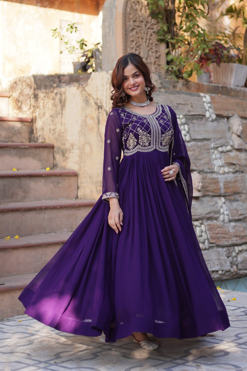 Purple Faux Blooming With Sequins Multi Zari Embroidered Work Gown