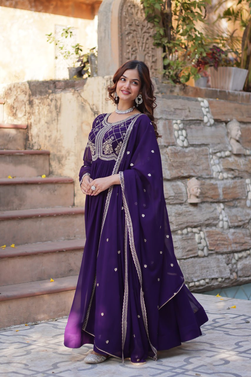 Purple Faux Blooming With Sequins Multi Zari Embroidered Work Gown