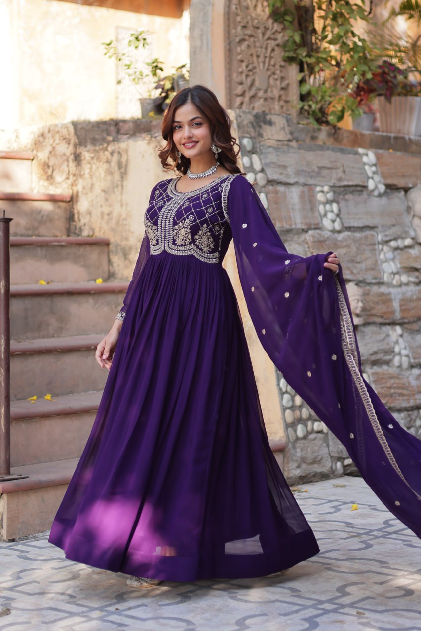 Purple Faux Blooming With Sequins Multi Zari Embroidered Work Gown