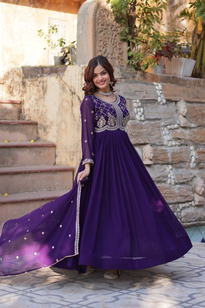 Purple Faux Blooming With Sequins Multi Zari Embroidered Work Gown
