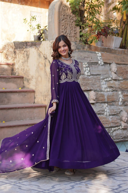 Purple Faux Blooming With Sequins Multi Zari Embroidered Work Gown
