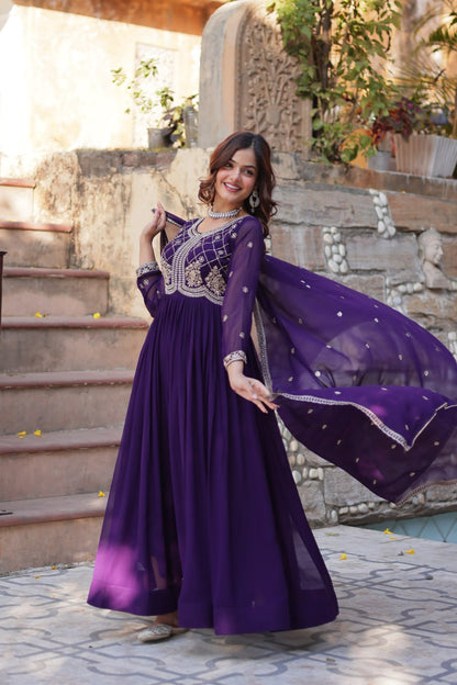 Purple Faux Blooming With Sequins Multi Zari Embroidered Work Gown