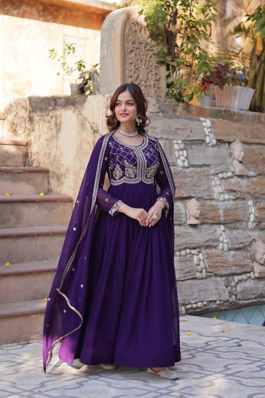 Purple Faux Blooming With Sequins Multi Zari Embroidered Work Gown