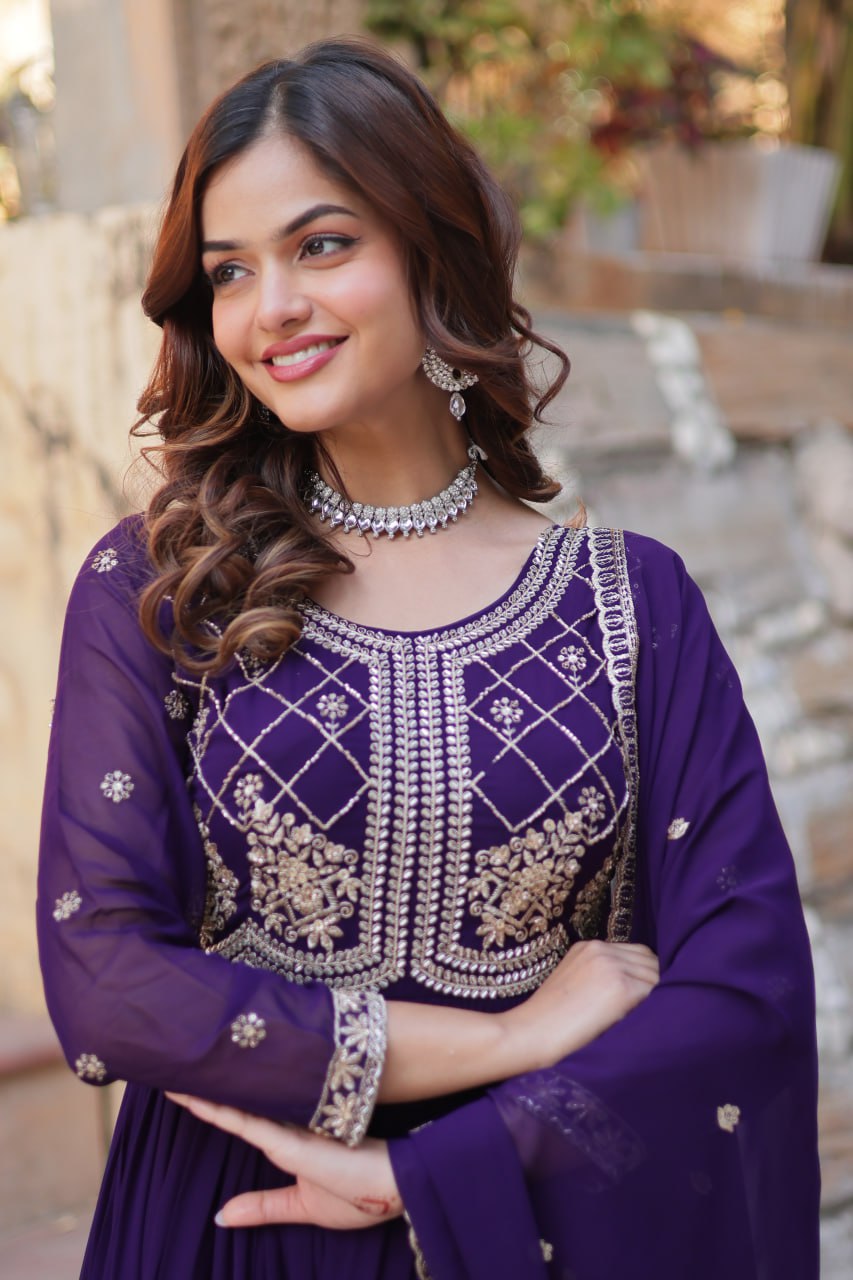 Purple Faux Blooming With Sequins Multi Zari Embroidered Work Gown