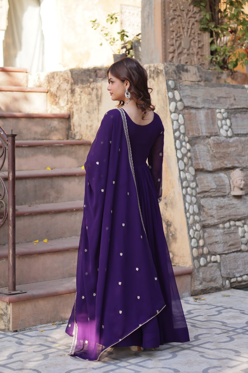 Purple Faux Blooming With Sequins Multi Zari Embroidered Work Gown