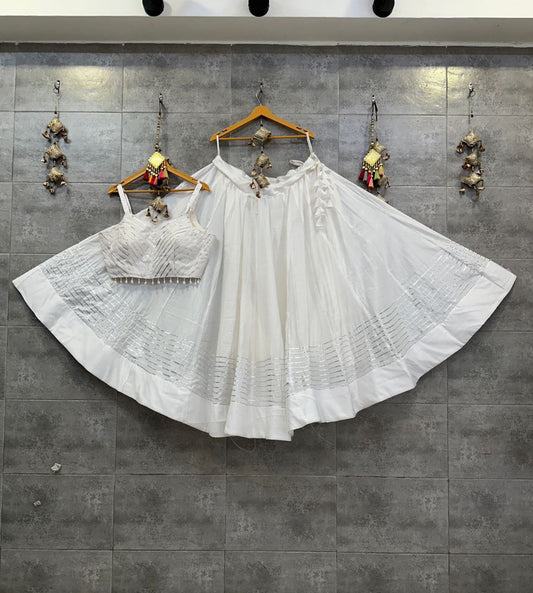 White Rayon Cotton Chaniya And Rayon Cotton Blouse With Spgatty Concept Navratri Lehenga Choli