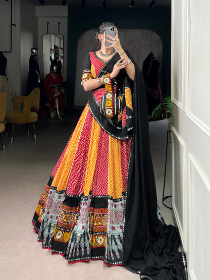 Yellow Pure Rayon Bandhej And Ajarakh With Paper Mirror And Gamthi Work Navratri Lehenga Choli