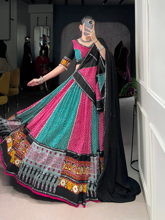 Pink Pure Rayon Bandhej And Ajarakh With Paper Mirror And Gamthi Work Navratri Lehenga Choli