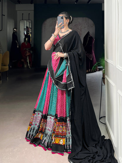 Pink Pure Rayon Bandhej And Ajarakh With Paper Mirror And Gamthi Work Navratri Lehenga Choli