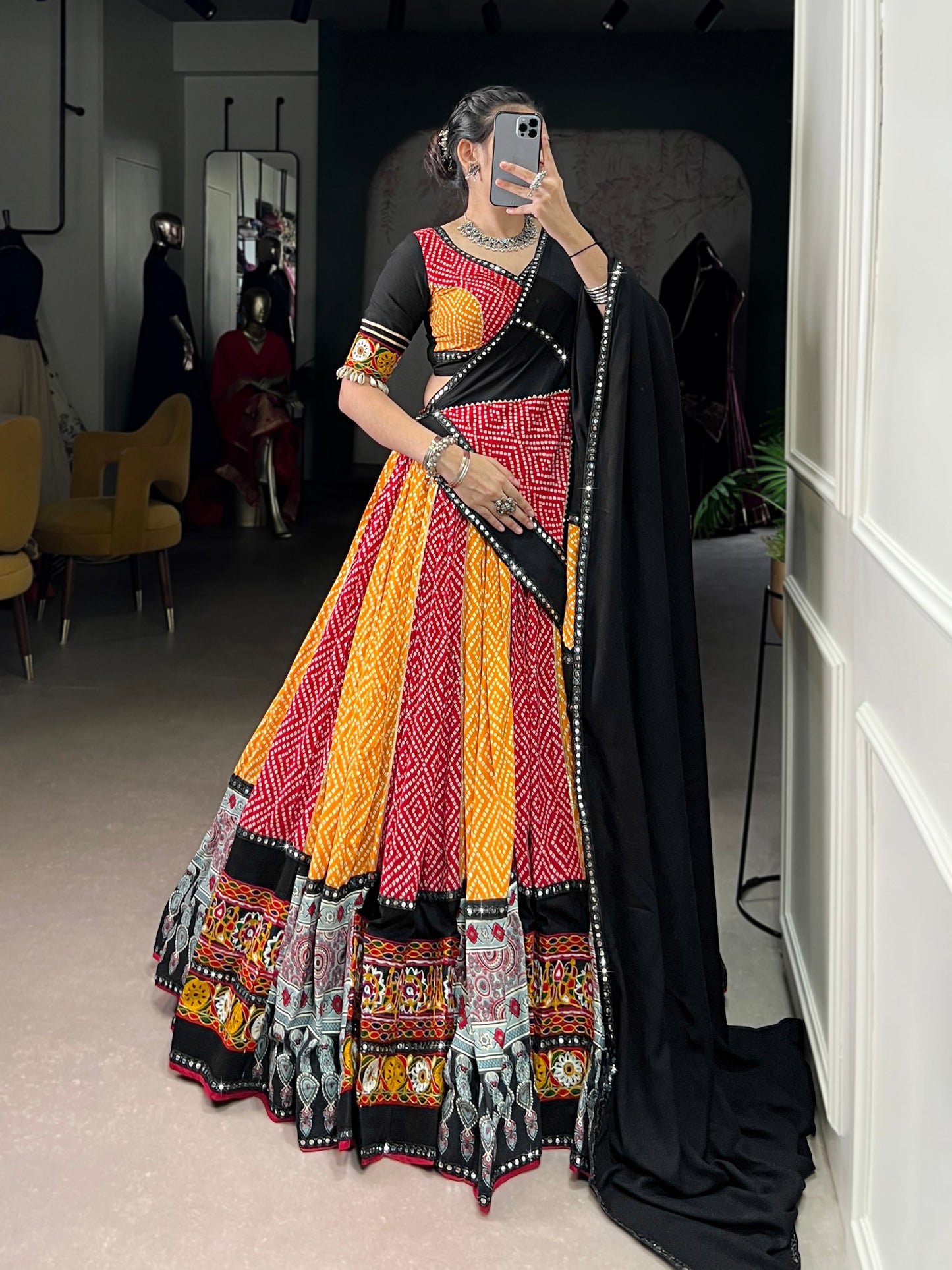 Yellow Pure Rayon Bandhej And Ajarakh With Paper Mirror And Gamthi Work Navratri Lehenga Choli