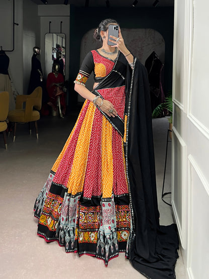 Yellow Pure Rayon Bandhej And Ajarakh With Paper Mirror And Gamthi Work Navratri Lehenga Choli