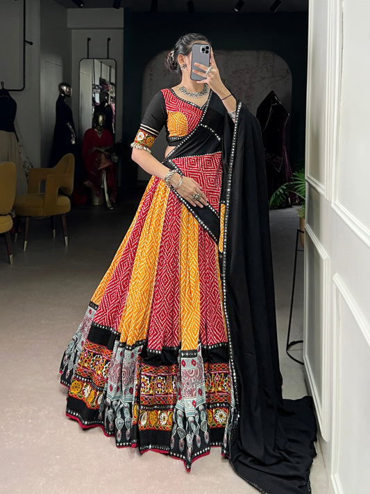Yellow Pure Rayon Bandhej And Ajarakh With Paper Mirror And Gamthi Work Navratri Lehenga Choli