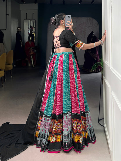 Pink Pure Rayon Bandhej And Ajarakh With Paper Mirror And Gamthi Work Navratri Lehenga Choli
