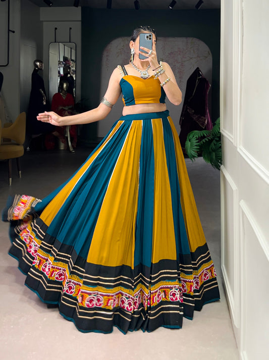 Musterd Pure Rayon Gamthi Work With Gotta Patti Lace Work Navratri Lehenga Choli