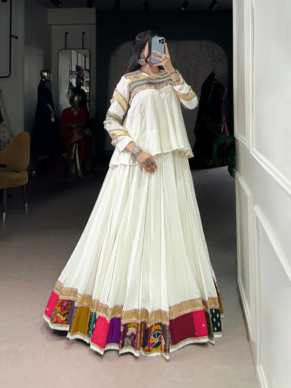 White Pure Rayon Multi Patche Work With Gotta Patti Work Navratri Lehenga Choli