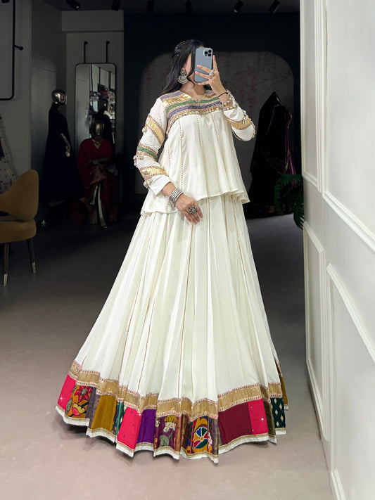 White Pure Rayon Multi Patche Work With Gotta Patti Work Navratri Lehenga Choli