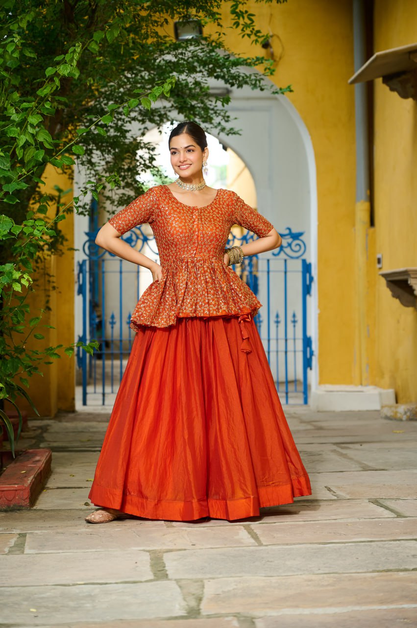 Orange Fendy Sequins Embroidered Work Lehenga Choli