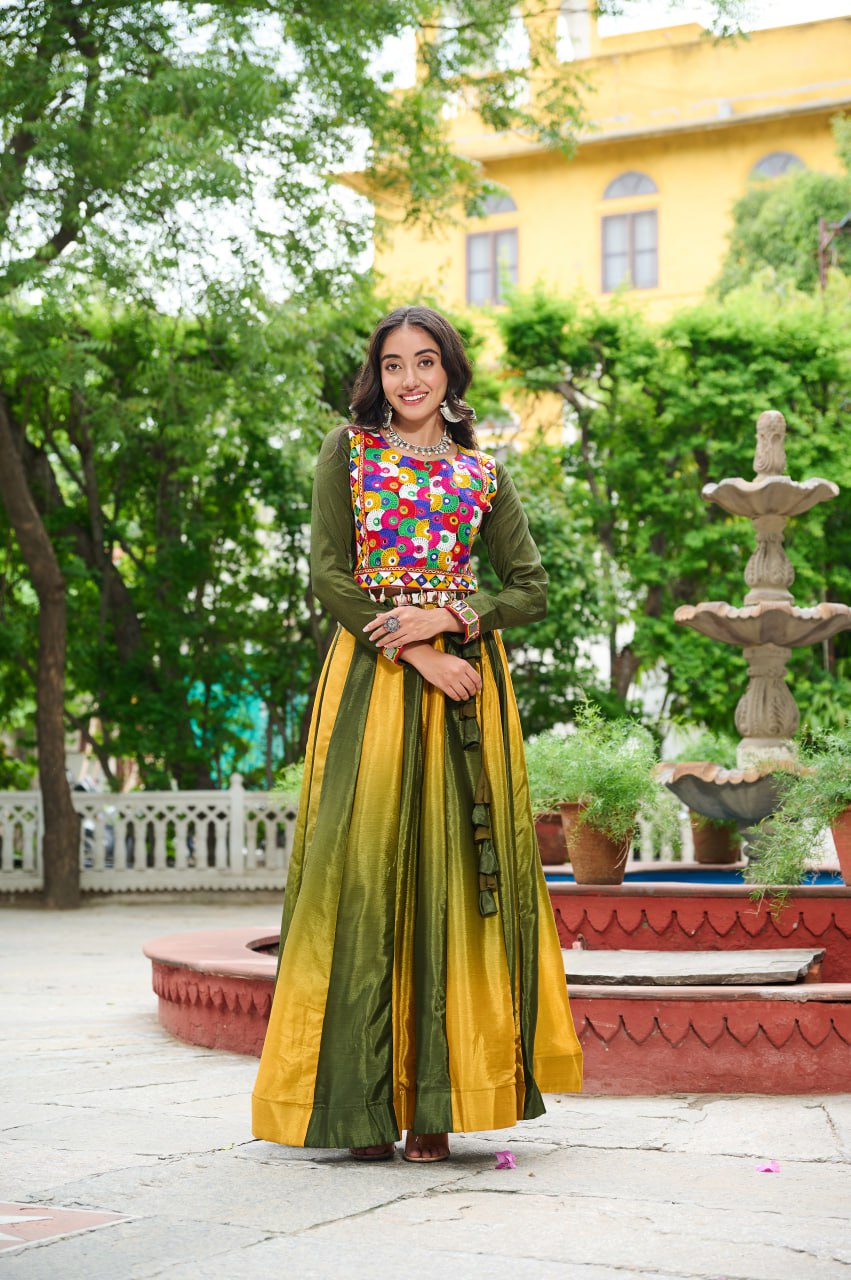 Mehendi Multicolor Kutchi Gamthi Embroidered Work Navratri Lehenga Choli