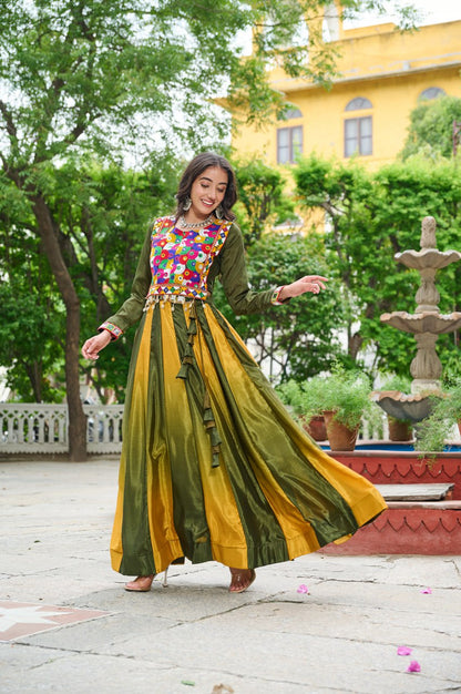 Mehendi Multicolor Kutchi Gamthi Embroidered Work Navratri Lehenga Choli