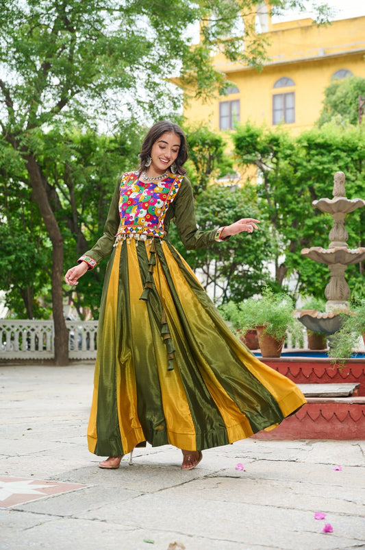 Mehendi Multicolor Kutchi Gamthi Embroidered Work Navratri Lehenga Choli