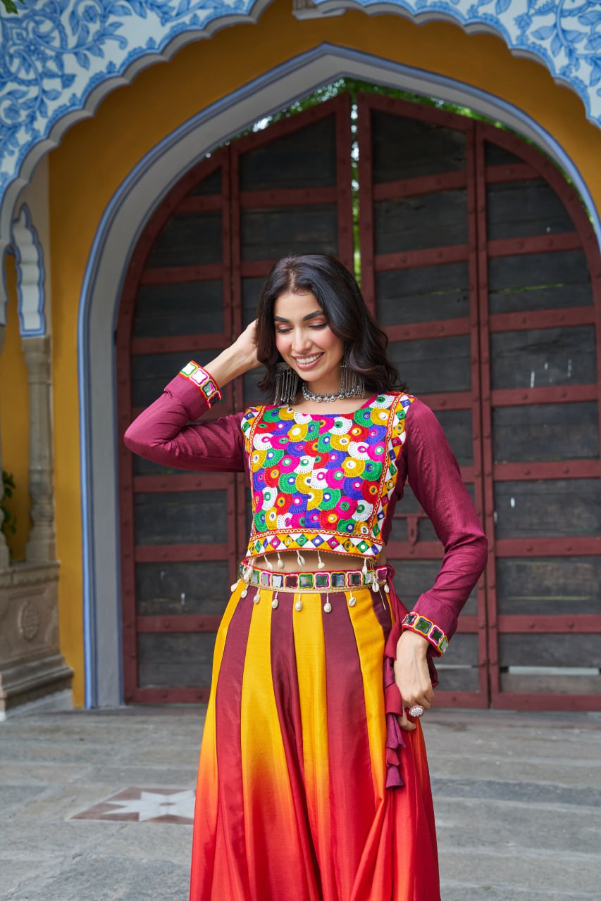 Maroon Multicolor Kutchi Gamthi Embroidered Work Navratri Lehenga Choli