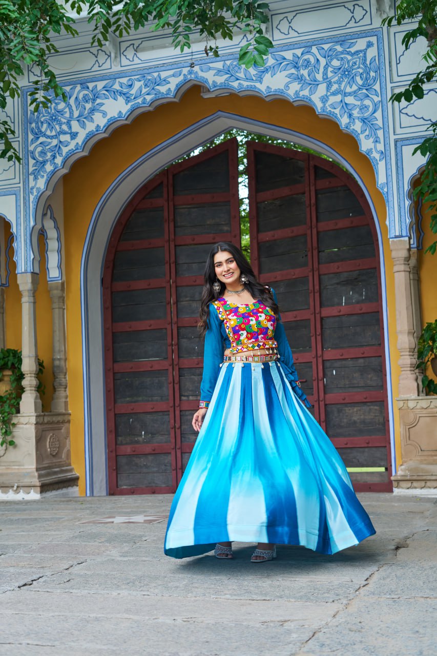 Sky Blue Multicolor Kutchi Gamthi Embroidered Work Navratri Lehenga Choli