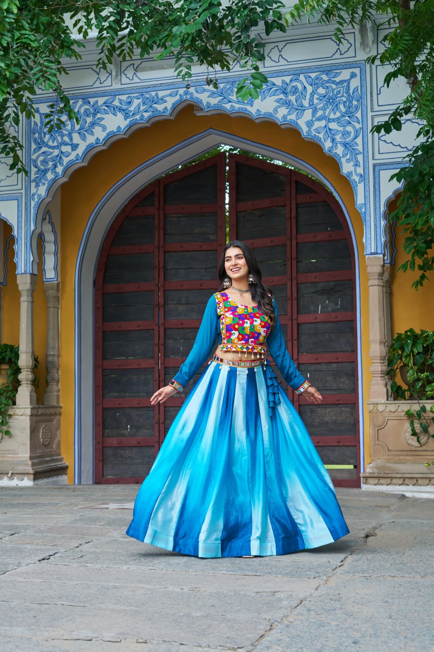 Sky Blue Multicolor Kutchi Gamthi Embroidered Work Navratri Lehenga Choli