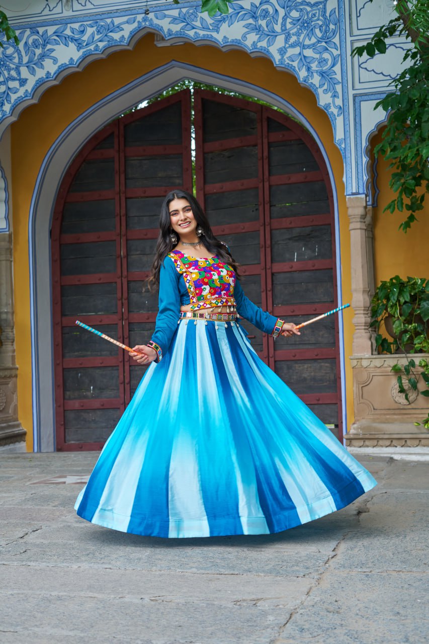 Sky Blue Multicolor Kutchi Gamthi Embroidered Work Navratri Lehenga Choli