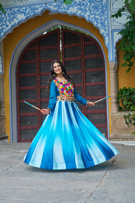 Sky Blue Multicolor Kutchi Gamthi Embroidered Work Navratri Lehenga Choli